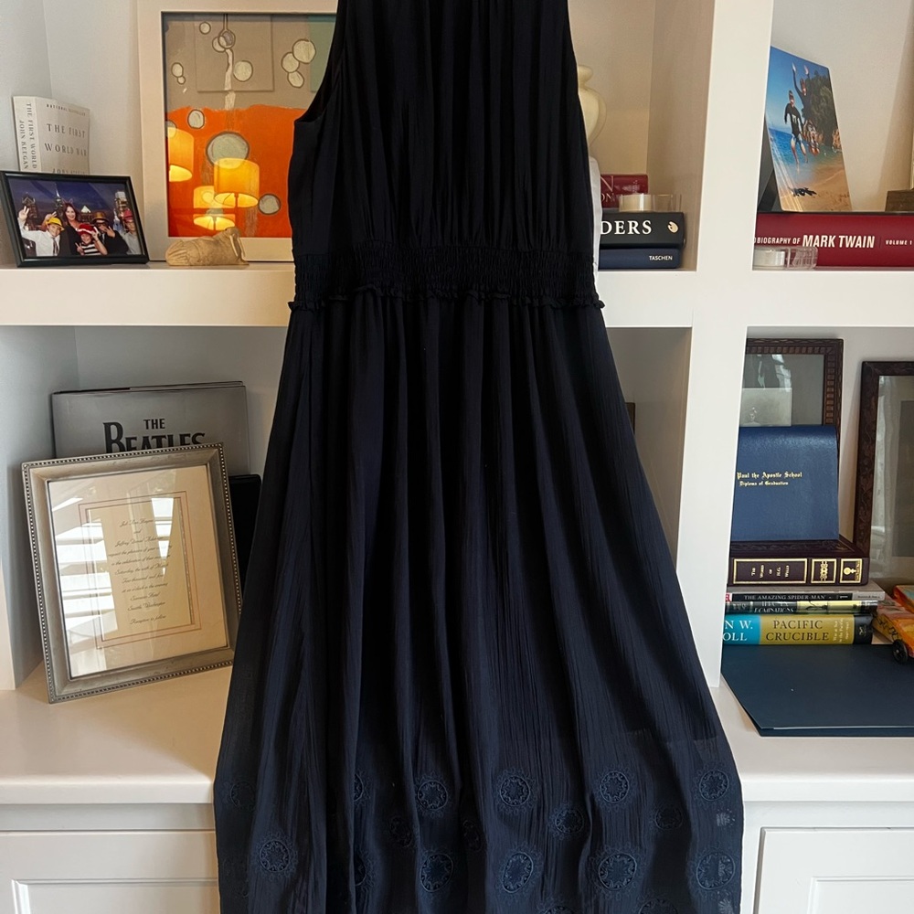 Navy Blue Midi Dress with Embroidered Hem